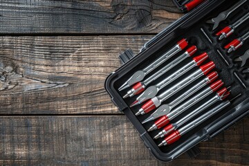 Poster - Tool case filled with tools on a wooden table, suitable for construction or DIY projects