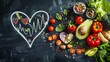 Immerse yourself in the world of health and wellness with our abstract medical concept featuring healthy food in a heart shape and a cardiograph displayed on a blackboard.