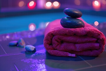 Poster - Stack of towels on tiled surface, perfect for bathroom or spa concept