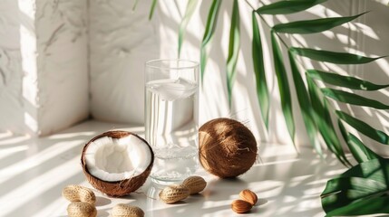 Poster - A glass of water, nuts, and a palm leaf on a table. Perfect for home decor or tropical themes