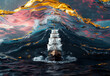 Sailing Through Surreal Seas - Dramatic Tall Ship on Abstract Ocean Waves for Nautical Themed Art and Fantasy Settings