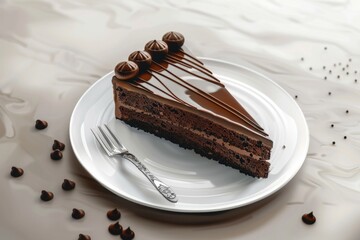 Poster - Delicious piece of chocolate cake on a white plate, perfect for food blogs and recipe websites