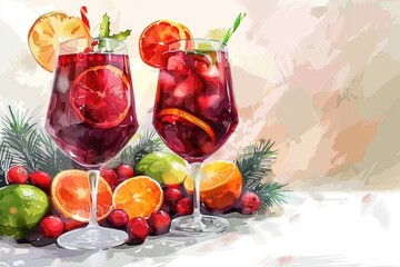 Poster - A painting of two glasses of wine with fruit. Ideal for wine enthusiasts