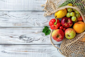 Poster - Fresh fruits in a basket on a rustic wooden table, ideal for food and kitchen themes
