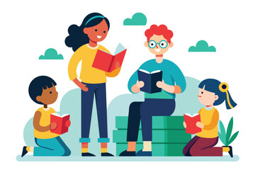 Poster - Several individuals sitting atop a stack of books, engaging in reading and receiving guidance from a teacher, People reading and teacher guidance, Simple and minimalist flat Vector Illustration