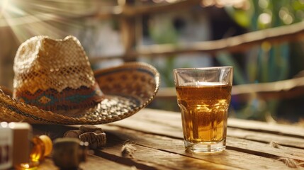 Poster - A glass of beer on a rustic wooden table, perfect for bar or brewery promotions
