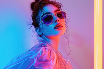 Aufkleber - A stylish woman wearing sunglasses with a vibrant neon background. Perfect for fashion or summer-themed designs