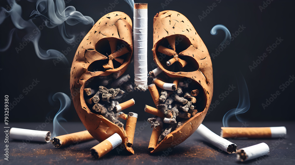 smoking, concept of no smoking and World No Tobacco Day with lung and  cigarette. Smoking Addiction.. AI generated image, ai. Stock Photo