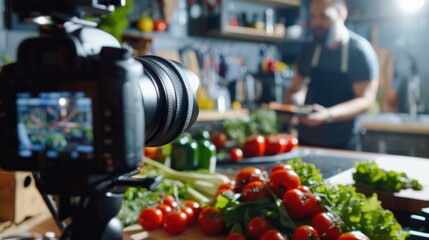Aufkleber - A man standing in a kitchen next to a bunch of tomatoes. Suitable for food and cooking concepts