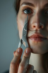 Poster - A close up of a person holding a pair of scissors. Suitable for various design projects