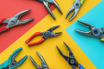 Poster - Various types of pliers on a vibrant backdrop, ideal for DIY projects or tool-related concepts