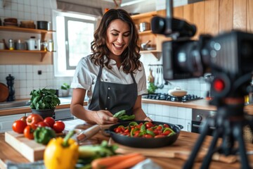 Wall Mural - A woman in an apron cooking in a kitchen. Suitable for food blogs or cooking magazines