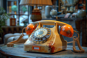 Sticker - A classic rotary phone sitting on a retro desk, representing the communication devices of the 1960s. Concept of nostalgic telephone technology. Generative Ai.