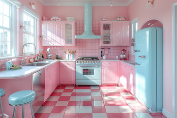 Wall Mural - A retro-style kitchen decorated with pastel colors and chrome accents, capturing the aesthetic of 1950s home design. Concept of nostalgic interior decor. Generative Ai.
