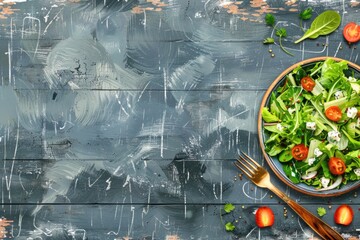 Poster - Healthy salad in a bowl on rustic wooden table. Perfect for food and health-related projects