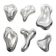 3d chrome y2k metal elements. Chrome silver Y2K melted, mercury shape 3d set isolated on transparent background metallic fluid refraction and abstract form drip design elements, spilled liquid metal.
