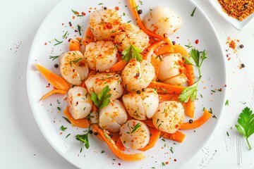 Poster - Fresh scallops and carrots on a white plate, ideal for food concepts