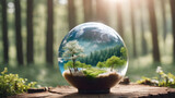 Fototapeta  - Crystal glass globe in the in nature concept for environment and conservation. . Earth crystal glass globe ball. AI generated image, ai