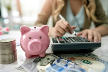 Wall Mural - Pink piggy bank sitting on table next to stacks of money. Suitable for financial concepts