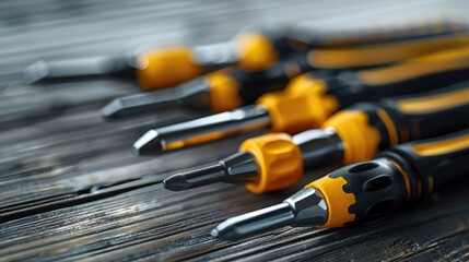 Poster - A collection of screwdrivers on a rustic wooden table, perfect for DIY projects