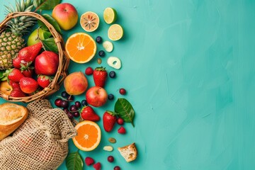 Poster - Colorful assortment of fresh produce on blue background. Ideal for healthy eating concept
