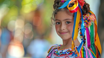 Wall Mural - A proud 10 year old Hispanic Latina girl proudly showcases her favorite toy and dessert a traditional Mexican doll adorned with colorful ribbons in her hair celebrating her rich culture and