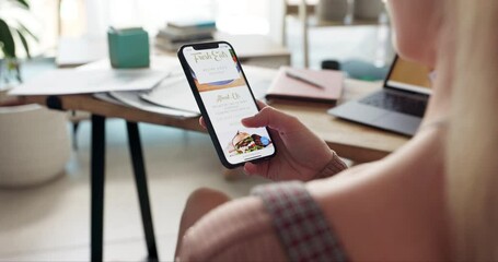 Aufkleber - hands, phone screen and fast food in home for girl with scroll, choice and search for deal on mobile