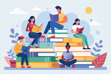Poster - Group of People Sitting on Top of Pile of Books, People sitting on giant piles of books, studying knowledge, Simple and minimalist flat Vector Illustration