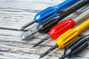 Poster - Various tools neatly arranged on a wooden table. Suitable for DIY projects and construction concepts