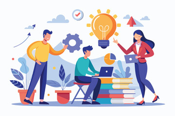 Poster - Several individuals gathered around a stack of books, possibly discussing or engaging in a literary activity, People starting new project development, Simple and minimalist flat Vector Illustration