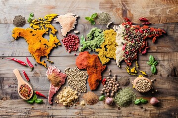 Aufkleber - A unique world map made out of various spices and herbs, perfect for culinary designs