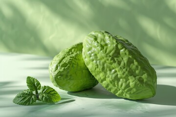 Poster - A close-up of two green fruits on a table. Suitable for food and nutrition concepts
