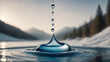 single water drop or droplet rising from a small pool of blue water. . AI generated image, ai. water drop splash