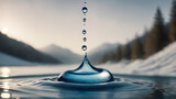Fototapeta  - single water drop or droplet rising from a small pool of blue water. . AI generated image, ai. water drop splash