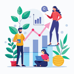 Wall Mural - A man and a woman standing in front of a growth chart, analyzing data together, people who analyse growth charts, Simple and minimalist flat Vector Illustration