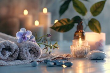 Poster - Two towels placed on a table, suitable for bathroom or spa concept