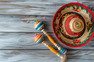 Traditional Mexican sombrero hat and maracas on rustic wooden table. Ideal for travel and cultural themes