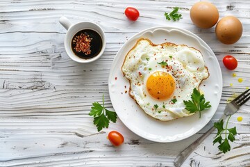 Aufkleber - A white plate topped with eggs next to a cup of coffee. Ideal for food and beverage concepts
