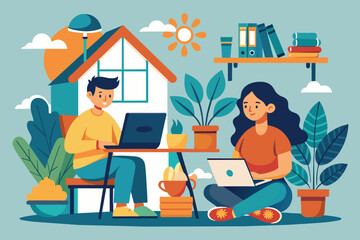 Poster - A man and woman are seated at a table, both working on a laptop, People work from home, Simple and minimalist flat Vector Illustration