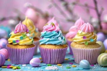 Delicious cupcakes with colorful frosting on a decorated table. Perfect for bakery or dessert concept