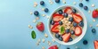 A bowl of oatmeal topped with fresh strawberries and blueberries, perfect for a healthy breakfast option