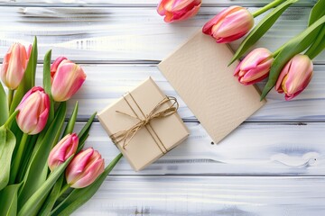 Wall Mural - Pink tulips bouquet and gift on white wooden table, suitable for spring celebrations