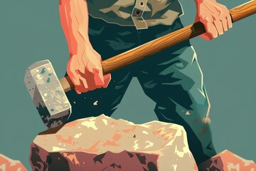 Poster - A man holding a hammer over a rock, suitable for construction projects