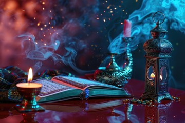 Poster - An open book sitting on top of a table next to a lit candle. Suitable for educational and inspirational concepts