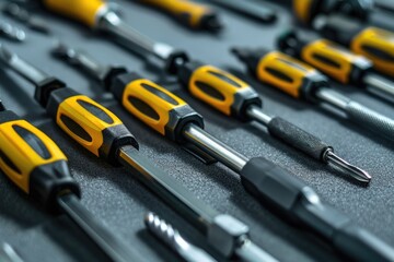 Poster - Various tools neatly arranged on a table. Suitable for DIY projects or construction-related themes