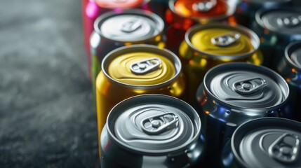 Poster - Various soda cans displayed on a table, perfect for advertising or beverage industry concepts