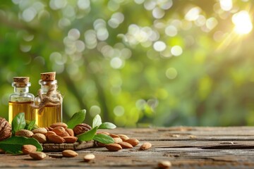 Poster - A bottle of almond oil next to a pile of nuts. Suitable for beauty and health product concepts