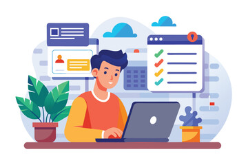 Poster - A man is sitting in front of a laptop computer engaging in data entry tasks, Perform data entry trending, Simple and minimalist flat Vector Illustration