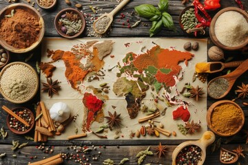 Aufkleber - A map of the world surrounded by various spices and herbs. Perfect for culinary, travel, or cultural themes