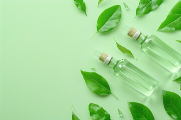Poster - Two bottles of water with fresh green leaves on a green surface. Suitable for eco-friendly and healthy lifestyle concepts